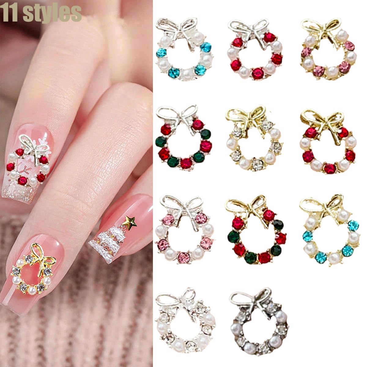 22Pcs Christmas Nail Charms with Pearls Designs Alloy Xmas Wreath Crystal Nail Art Charms Sliver Gold Nail Rhinestones Jewelry for Women DIY Manicure Christmas Holiday Nail Decorations