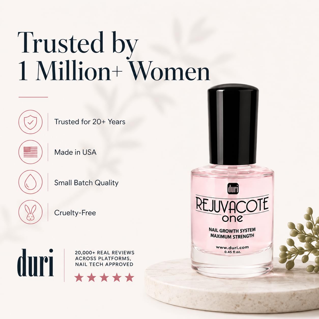Duri Rejuvacote 1 Nail Growth System - Maximum Strength Nail Strengthener for Damaged Nails from Gel, Acrylic Manicure | Grow Long Natural Fingernails Fast - Rejuvacare Nail Hardener - 0.45 fl. oz.