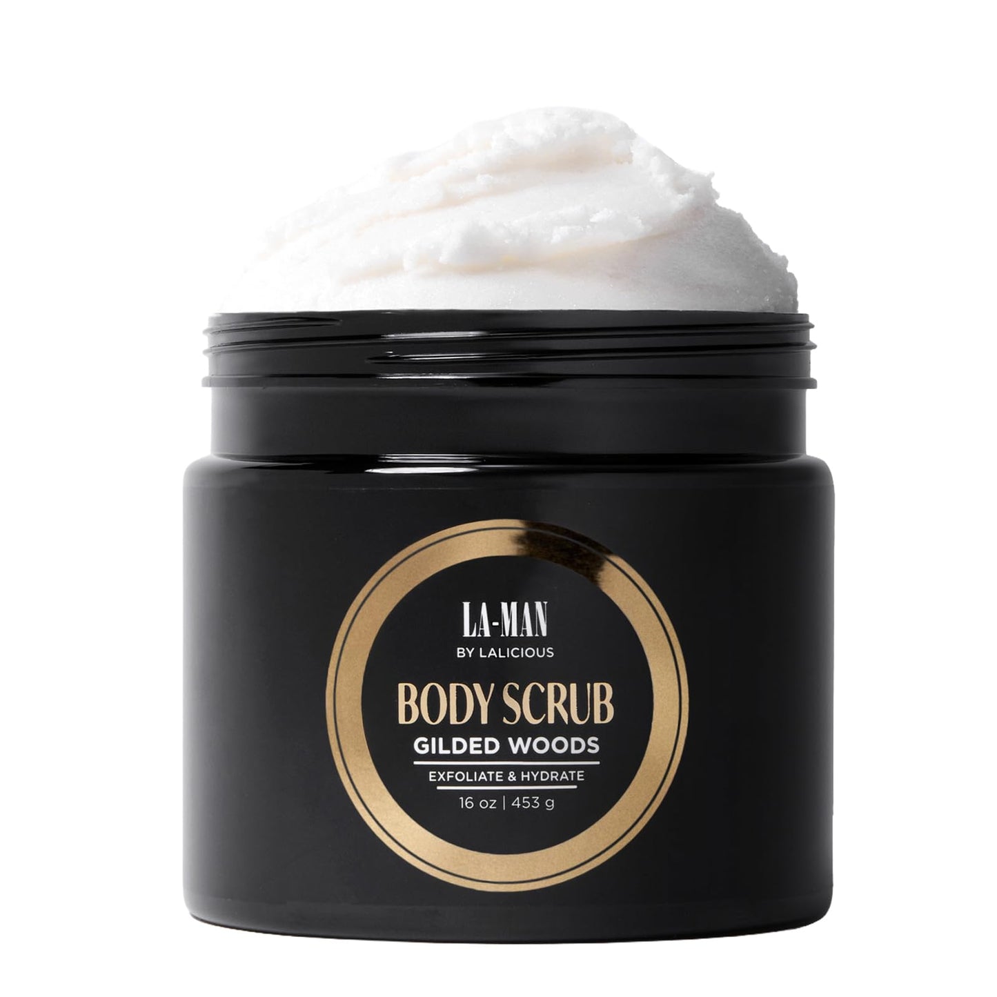 LALICIOUS Gilded Woods LA-MAN Body Scrub | Exfoliating Sugar Scrub for Men | Body Exfoliator for Dead Skin & Optimal Hydration | Pure Cane Sugar + Coconut Oil | Large 16oz