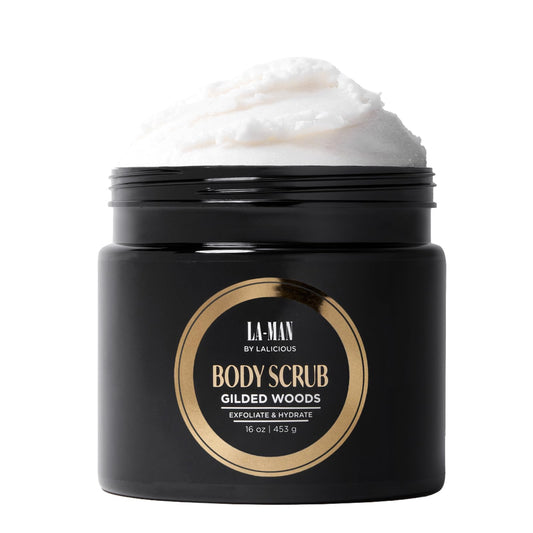 LALICIOUS Gilded Woods LA-MAN Body Scrub | Exfoliating Sugar Scrub for Men | Body Exfoliator for Dead Skin & Optimal Hydration | Pure Cane Sugar + Coconut Oil | Large 16oz