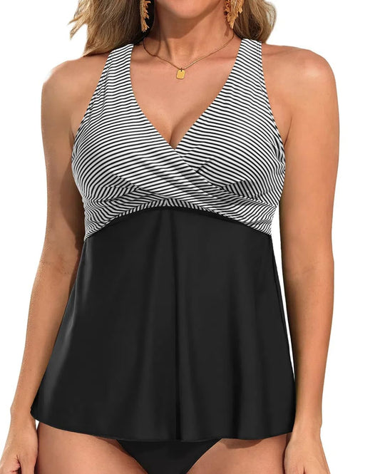 Tempt Me Women Black Stripe Tankini Top Only Flowy Swim Tops V Neck Bathing Suit Top XL