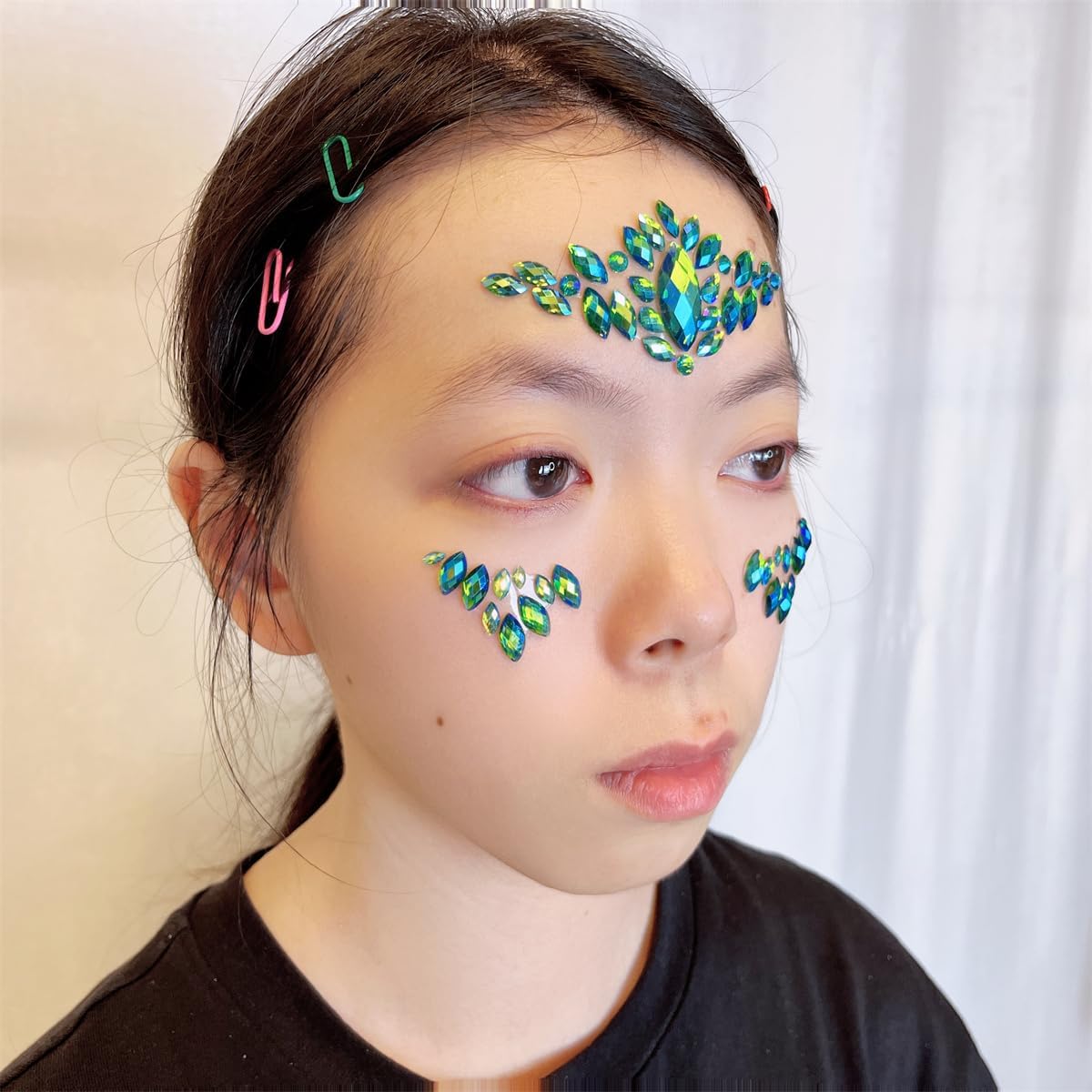 Face Jewels - Green Rhinestone Stickers for Halloween Makeup | Self-Adhesive Festival Glitter Gems
