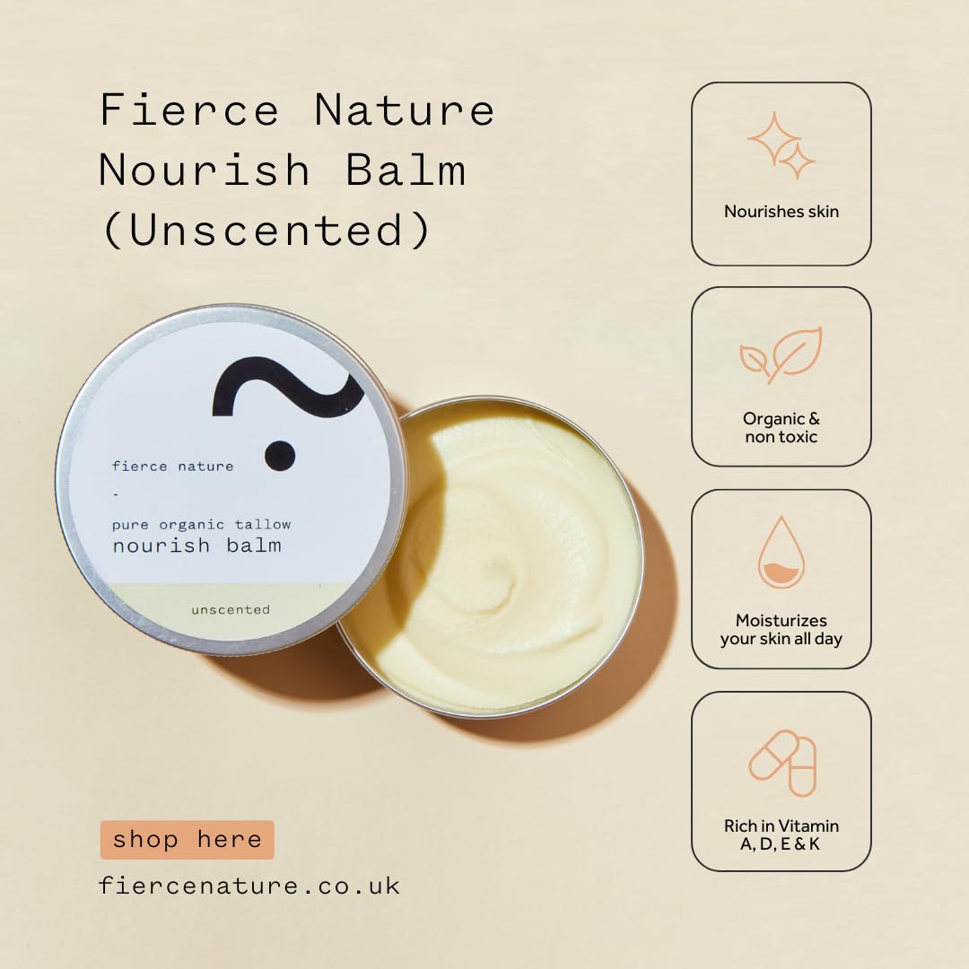 fierce nature Pure Nourish Tallow Balm | Organic, Vitamin-Rich Nourishing Body & Face Moisturizer | Natural, Essential Oil Free Skincare (Unscented)