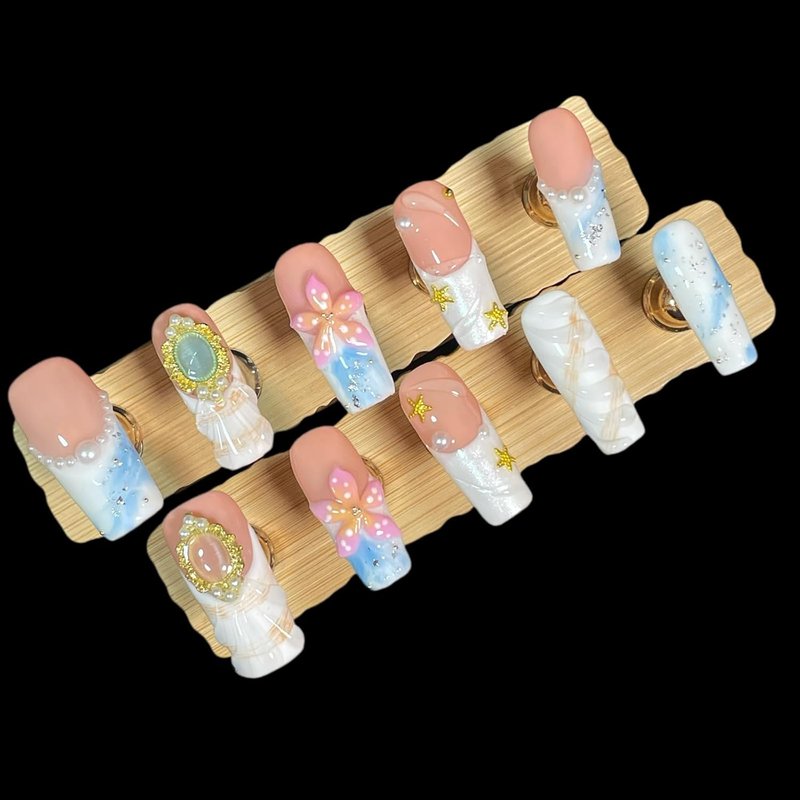 Handmade Press On Nails - Pink 3D Floral & Gold Decor | Medium Long Square Reusable Acrylic Tips (Petal Mirage, Size S)