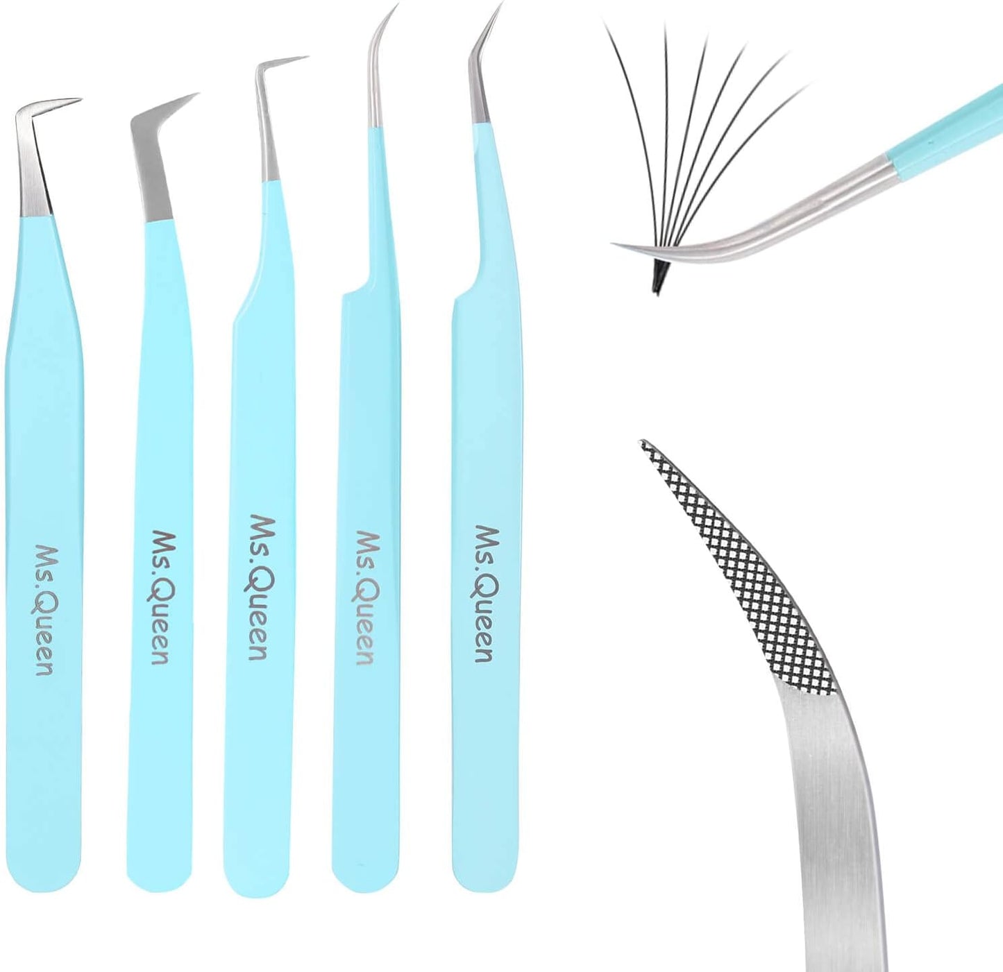 Lash Tweezers for Eyelash Extensions - Professional 5-Piece Curved Isolation Set | Blue Fiber Tip