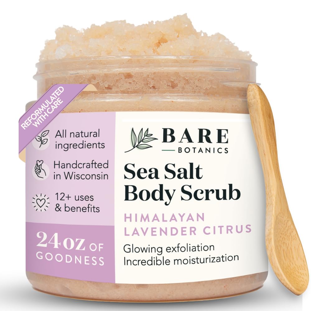 Bare Botanics 24oz Lavender Citrus Himalayan Sea Salt Body Scrub | Non-toxic, Vegan & Cruelty-free | Made in Madison, WI | Full Body Exfoliator & Hydrating Moisturizer with a Cute Wooden Spoon