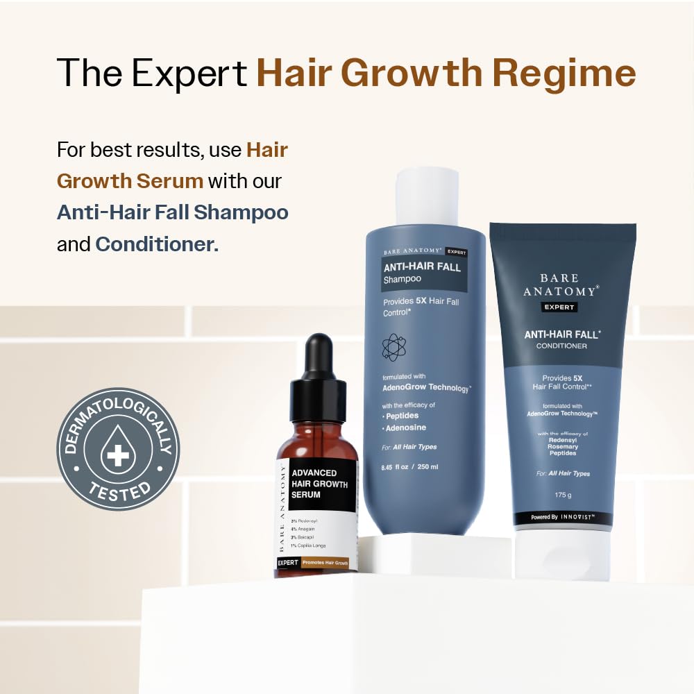 Bare Anatomy Advanced Hair Growth Serum| 3% Redensyl - 2x Better Results than Minoxidil | + 4% Anagain + 3% Baicapil | Rosemary, Biotin | Hair growth & Hair fall control serum for Women & Men | 30mL