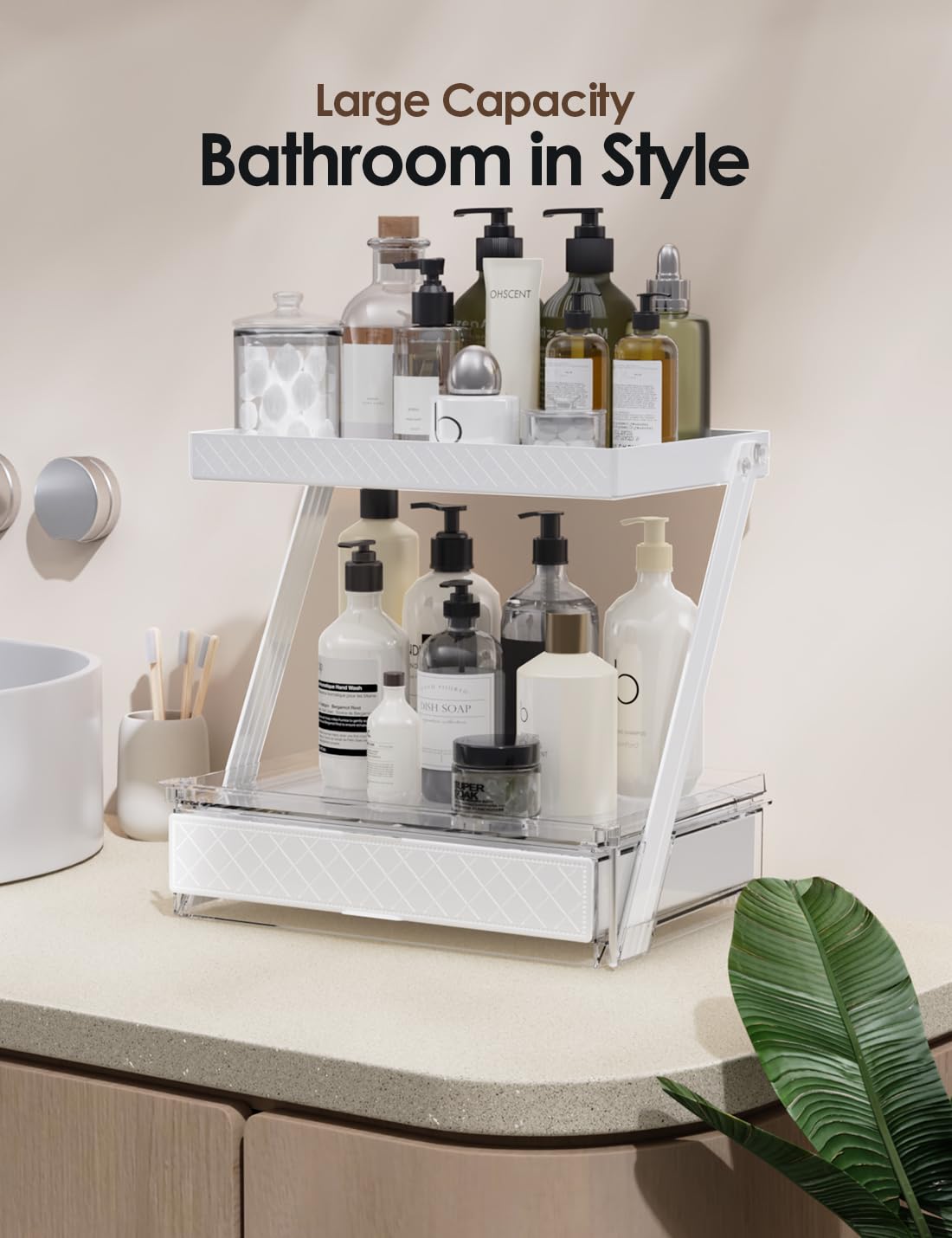 NEATORA 2 Tier Bathroom Countertop Organizer, Z-Shaped Vanity Organizer with Sliding Tray & Drawer, Skincare, Makeup & Perfume Storage Organizer, Acrylic office, Dresse & Desk Organizer