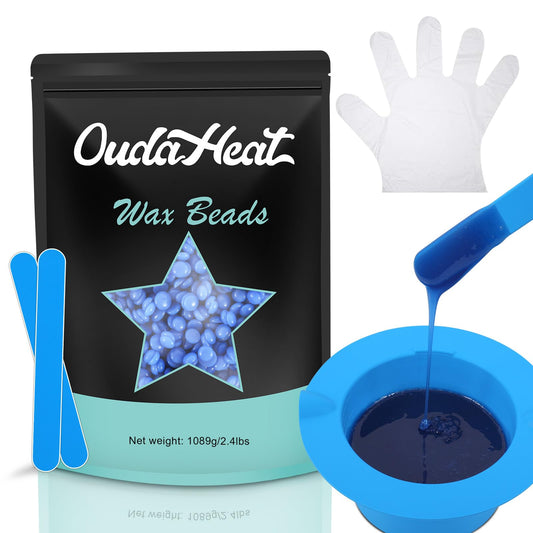 2.4 lb Hard Wax Beads Bulk, Professional Rosin-Free Brazilian Waxing Bead, Hypoallergenic Hair Removal Wax Bead for Sensitive Skin, Body, Bikini, Legs, Wax Beans Refill, 1 Silicone Pot and 5 Sticks