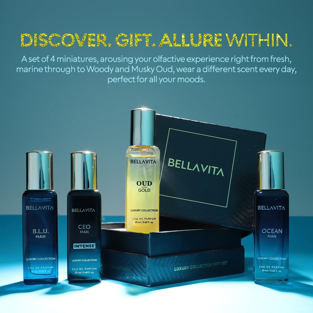 Bellavita Luxury Men's Luxury Perfume Gift Set with Gold Oud,OCEAN, B.L.U., & CEO Man Intense | 80ml | Perfume for Men and Women | Lavender, Bergamot, and Caramel Notes | Long Lasting Unisex Fragrance