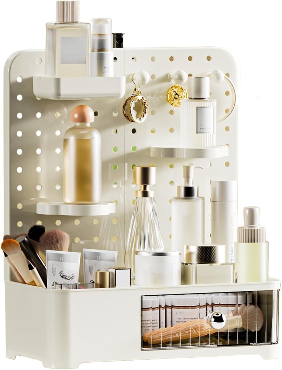 Makeup Organizer - Aesthetic Cosmetic Storage Rack with Adjustable Shelves & Drawer | Cream White