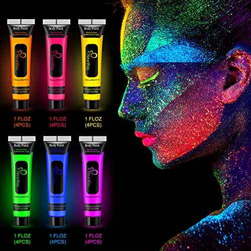 NewWay Glow in the UV Dark Body Paint Luminous Neon Paint, 1 FL.Oz x 24 Pcs in 6 Colors Party Supplies Black light Paint Water Soluble UV Light Makeup for Party Cosplay