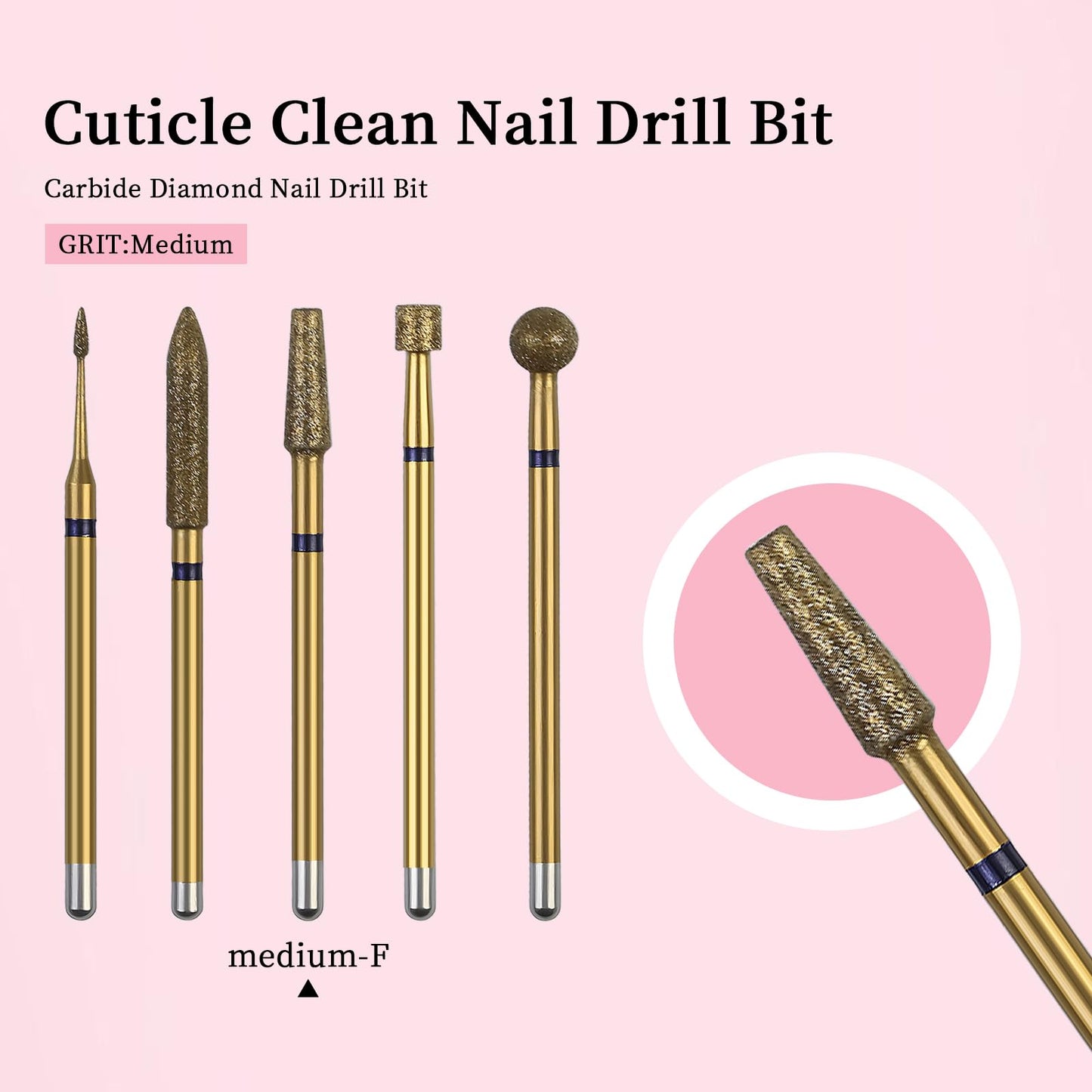 Aruiefxe Nail Drill Bits Set, 5pcs Tungsten Carbide Nail Drill Bits for Acrylic Nails Poly Gel Cuticle Remove, Professional Nail Bits for Nail Drill, Pedicure Tools (PINK-FINE1)
