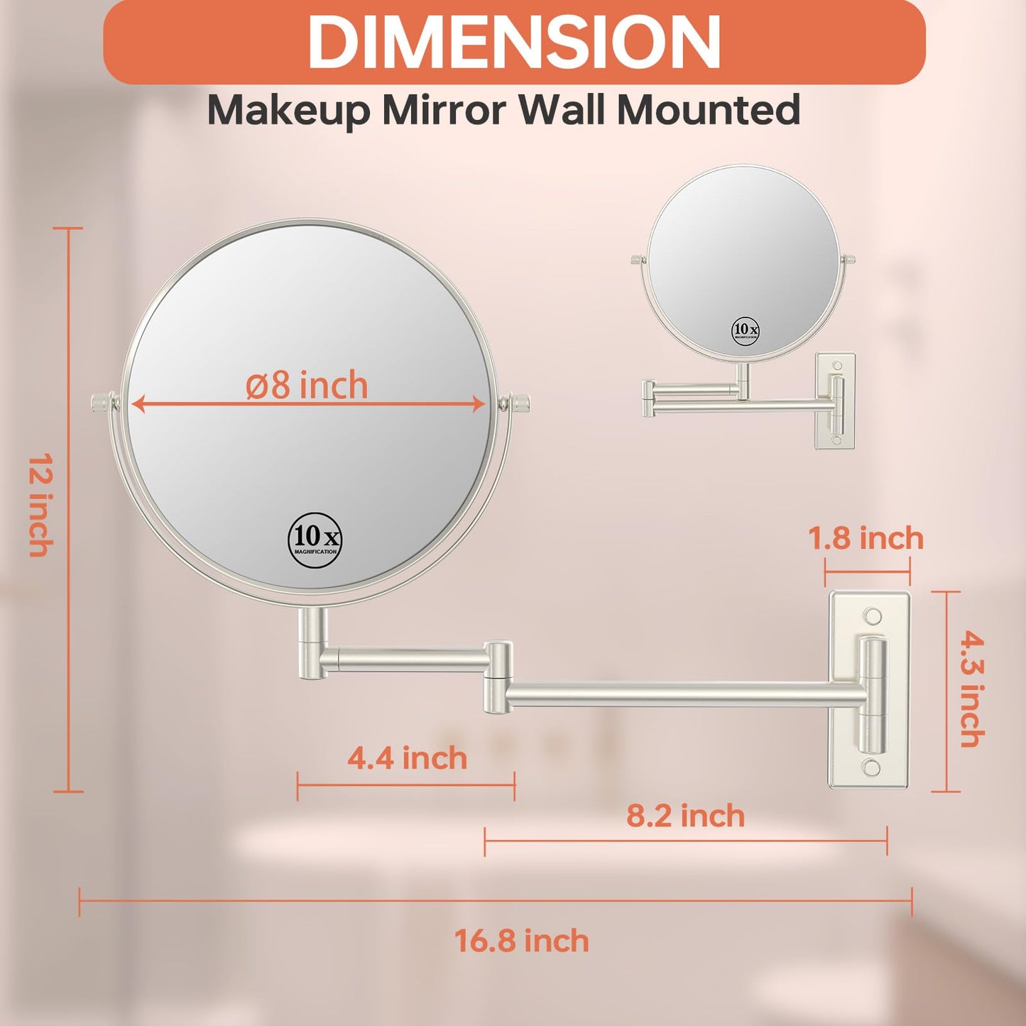 Erlingeryi Wall Mount Makeup Mirror with 1X/10x Magnification, Nickel