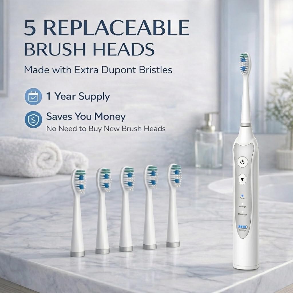 NetGen Sonic Electric Toothbrush for Adults, Rechargeable Power Toothbrush with 5 Replacement Heads, Travel Case, 3 Modes, 2 Minute Timer, IPX7 Waterproof Cordless Electric Toothbrush | White