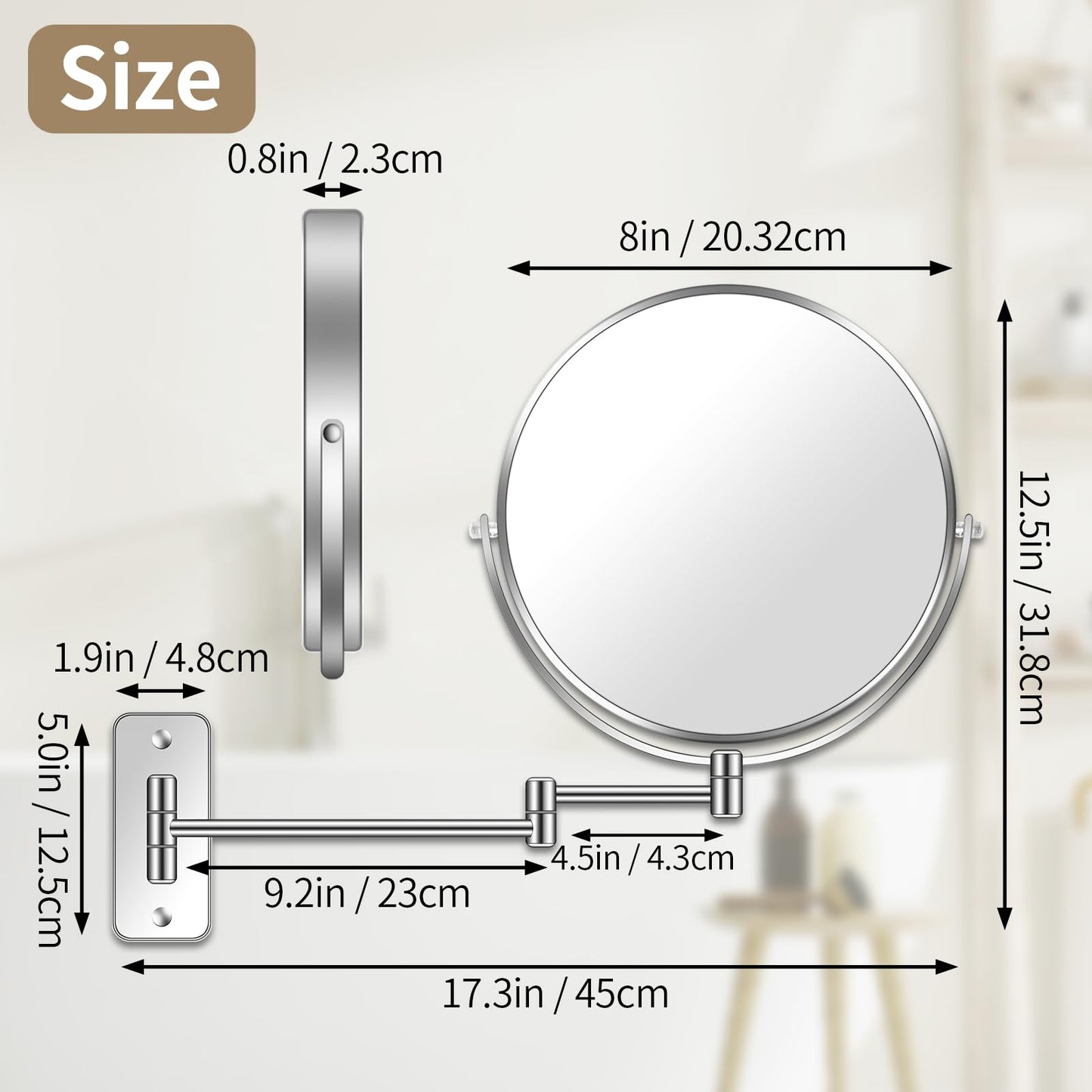 BTremary 8” Wall Mounted Magnifying Makeup Mirror 1X/7X Wall Mount Mirror Swing Arm Two-Sided 360° Swivel Bathroom Shaving Mirror for Men and Women in Hotel/Home, Chrome
