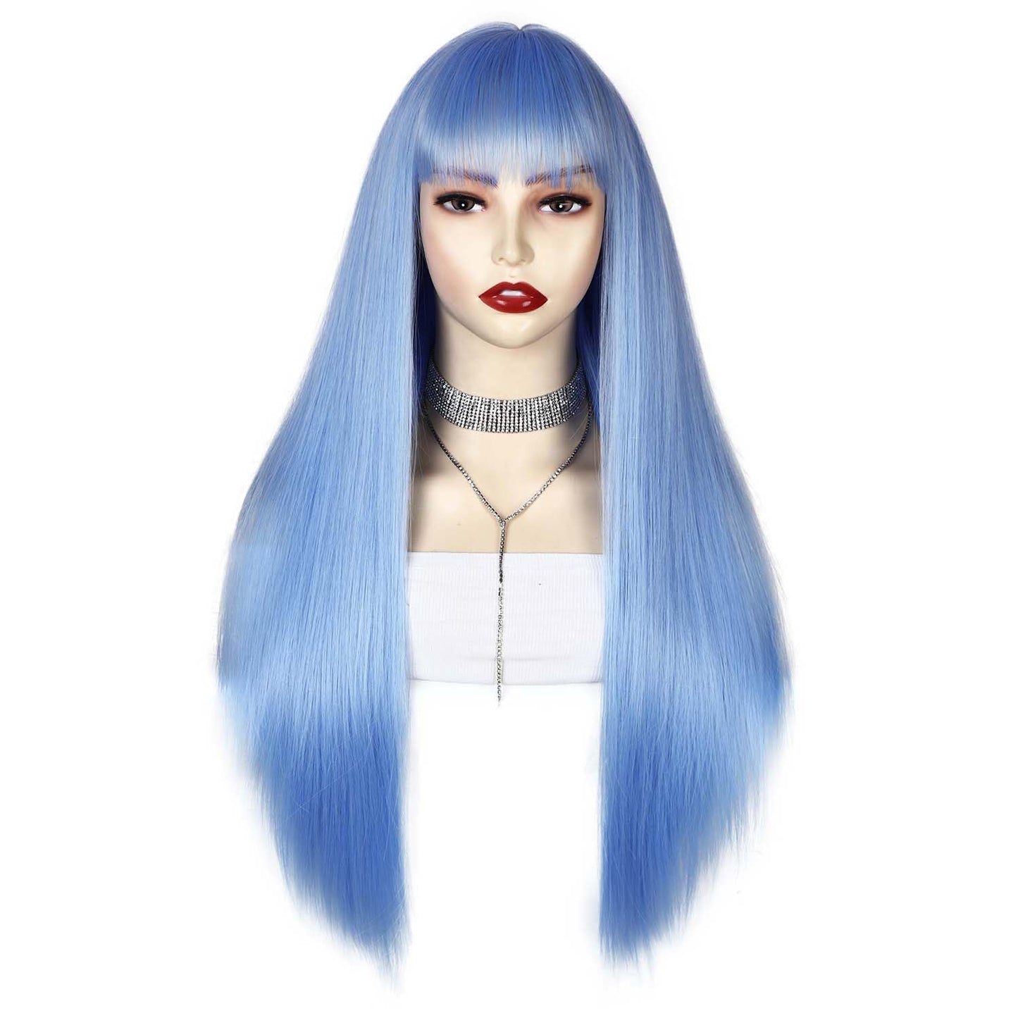 Lady Hanne Long Straight Wig With Bangs Light Blue Silky Straight Hair Wigs for Women 28 Inch Synthetic Heat Resistant Fiber Wig for Cosplay Daily Party Use