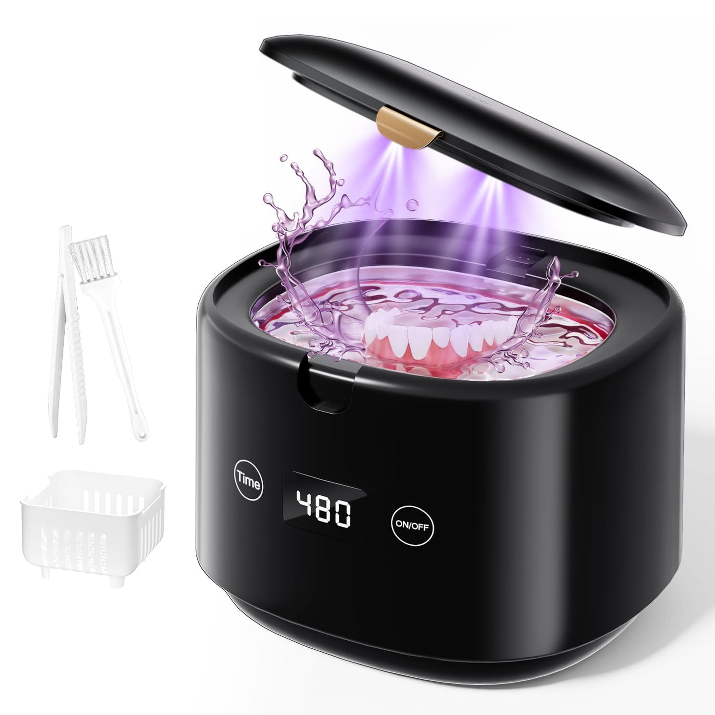 Ultrasonic Retainer Cleaner - 45kHz Sonic Dental Cleaning Machine for Dentures, Mouth Guards & Jewelry | 5 Modes, Black