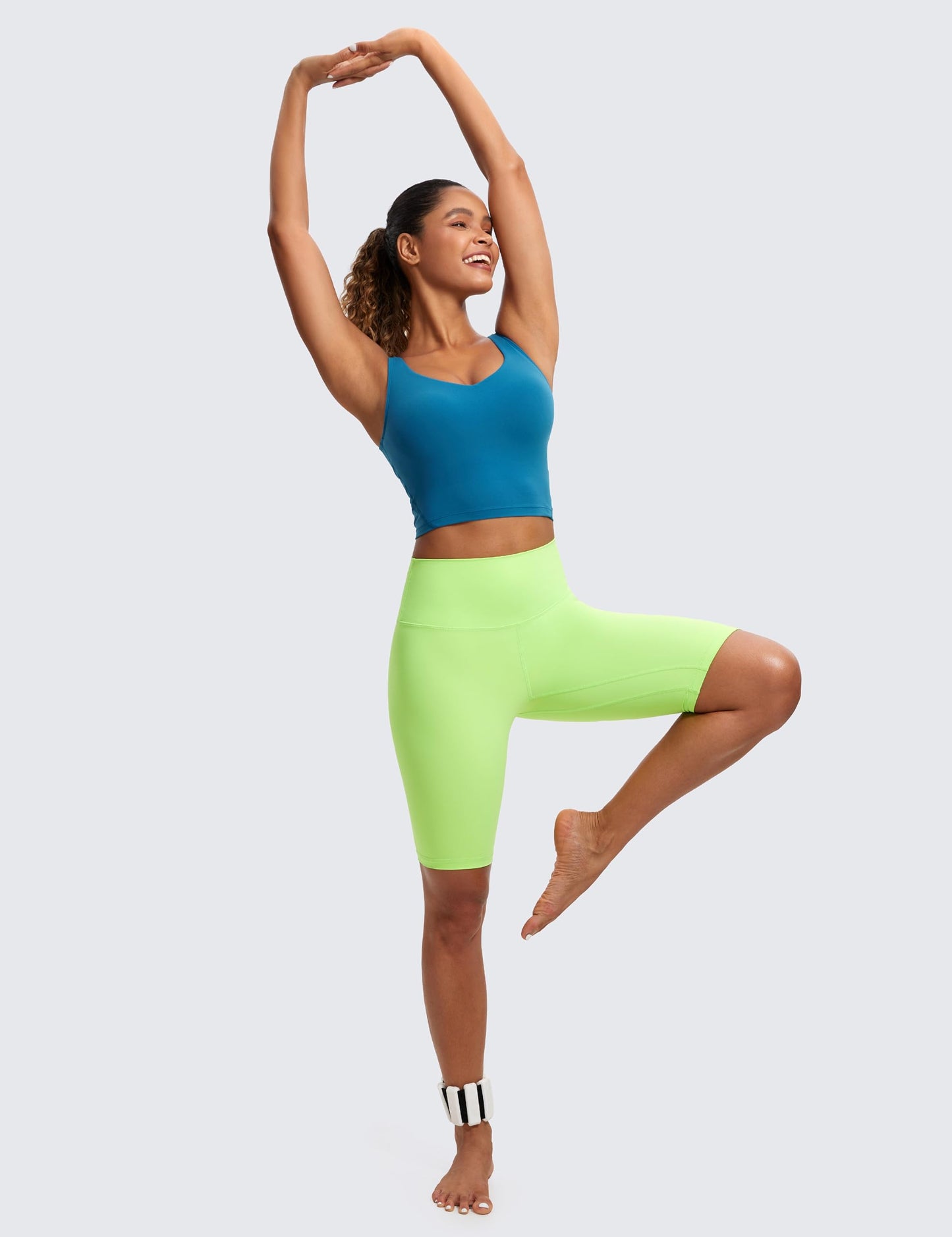 CRZ YOGA Butterluxe Womens V Neck Longline Sports Bra - U Back Padded Crop Workout Tank Tops with Built in Pads Super-Sonic Blue Small