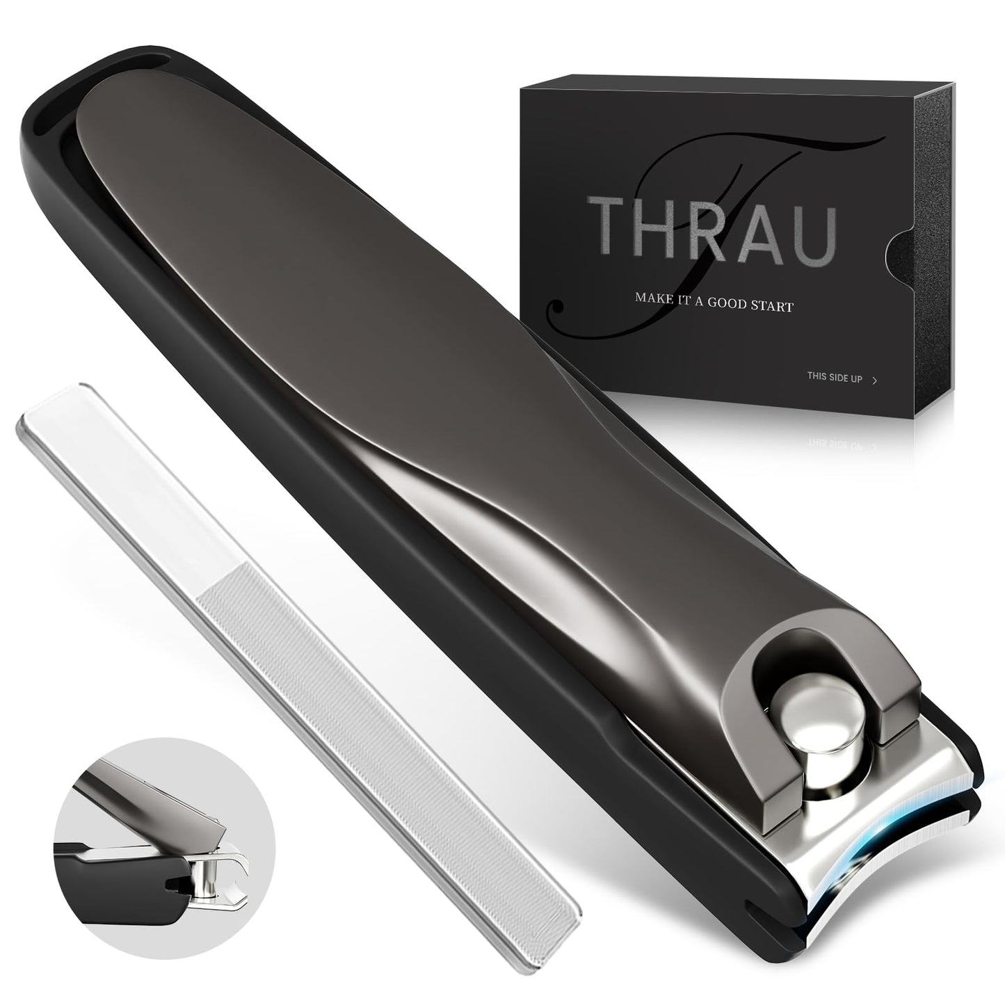 THRAU Anti-Splash Nail Clippers, Stainless Steel Toenail and Fingernail Clipper for Men & Women, Sharp Nail Cutter for Thick Nails, Gifted with Nano Glass Nail File (Large)