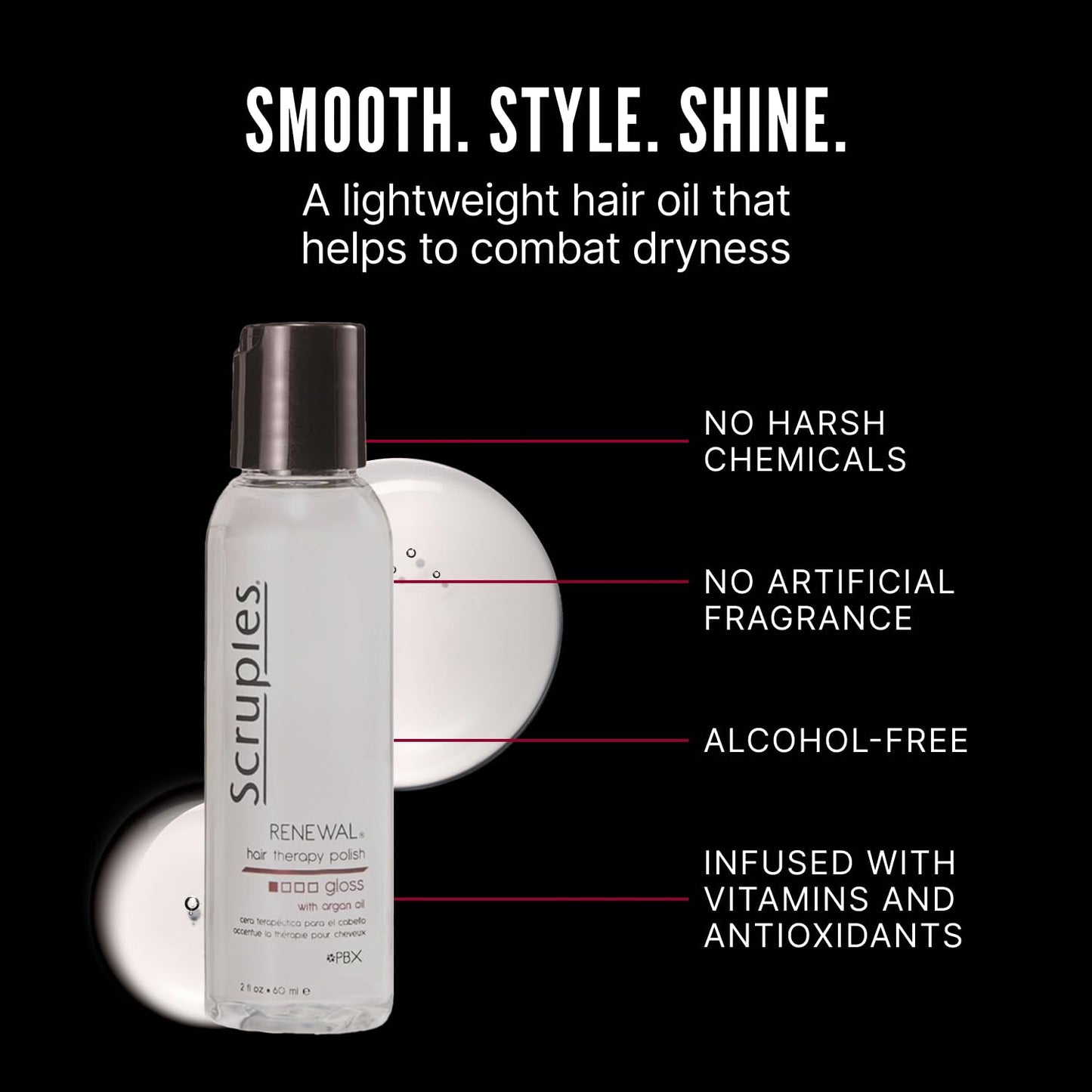 Scruples Renewal Therapy Hair Gloss - Argan Oil Hair Serum for Shine, Moisture & Frizz Control - Instantly Restores Dry, Lifeless Strands (2 oz)