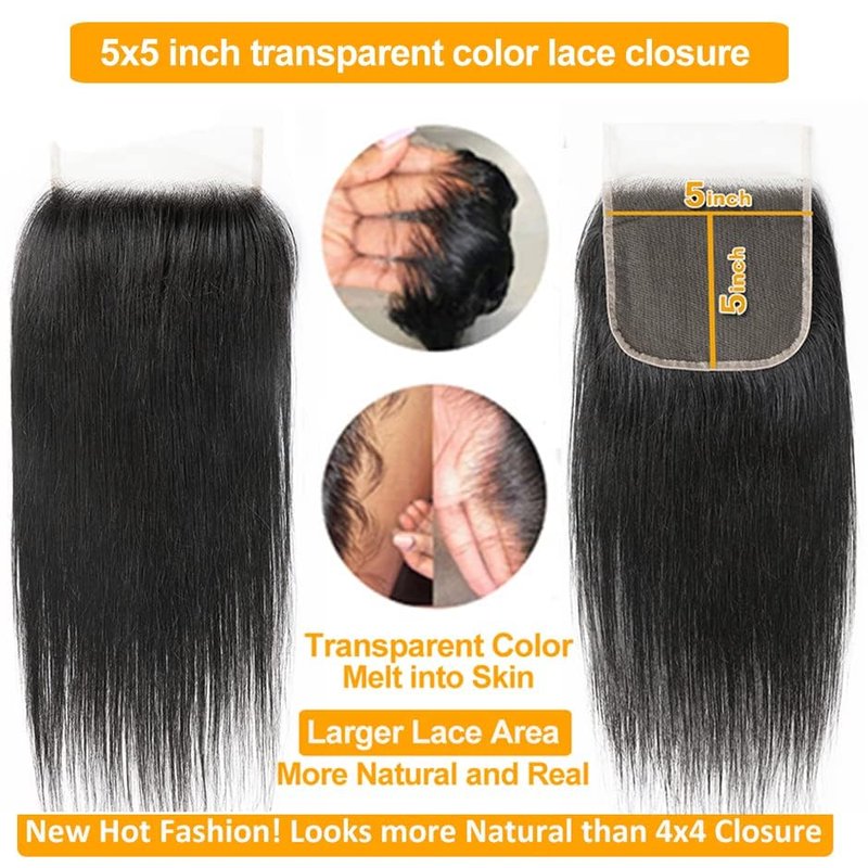 QTHAIR 5x5 Straight Transparent Lace Closure - 150% Density, Pre-Plucked Natural Hairline | 20" Length