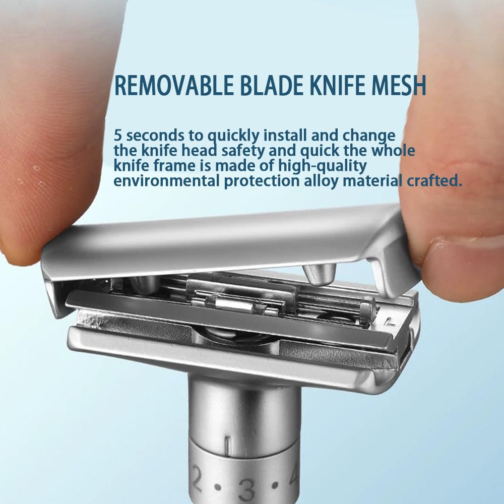 6-speed adjustable dual-blade safety razor with 10 platinum-coated stainless steel blades. Includes optional stand. Comes with complimentary travel pouch. (Black + base + holster)