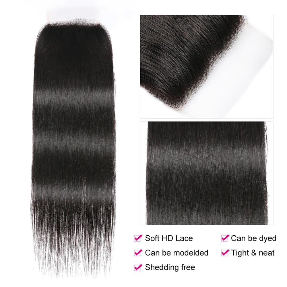 5x5 Lace Closure Straight Closure Human Hair Hd Transparent Lace Front 12A Virgin Human Hair Free Part Pre Plucked with Baby Hair Lace Frontal Natural Black Color 14 Inch