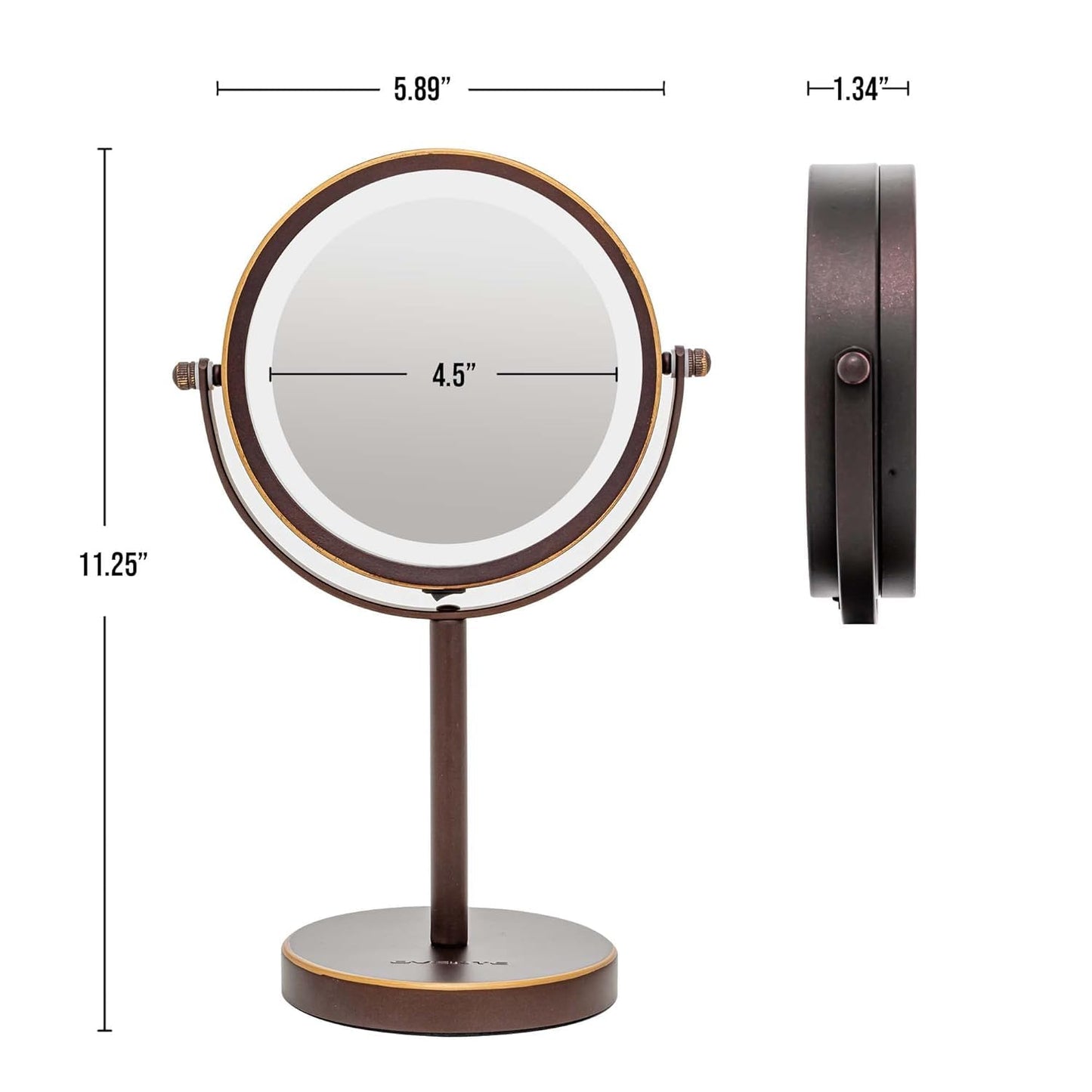OVENTE 6" Lighted Makeup Mirror with 1X/7X Magnification, Cordless Tabletop Mount Vanity Round Mirror with 360° Swivel Design and Double Sided Cool Tone LED Ring Light, Antique Bronze MLT60ABZ1X7X