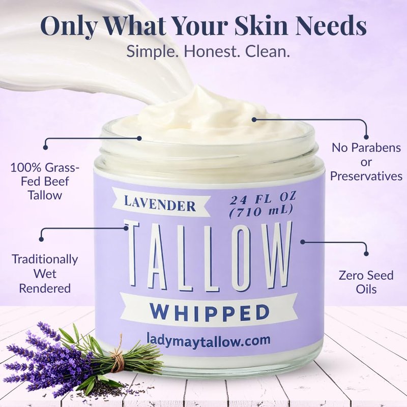 Lady May Tallow Whipped Tallow 24oz - All Natural Face Cream and Whole Body Moisturizer for Dry Skin - Made with Scented Oil Blend - No Preservatives, Parabens or Seed Oils - USA Made (Lavender)