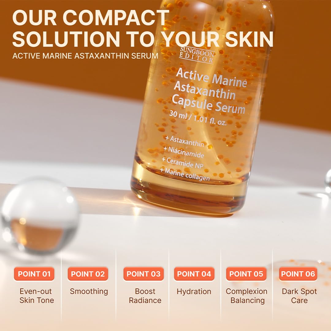 SUNGBOON EDITOR Active Marine Astaxanthin Serum, Niacinamide, Tranexamic Acid, Hyaluronic Acid, Hydrating Serum for Even Skin Tone, Korean Skin Care, 30ml, 1.01 fl.oz