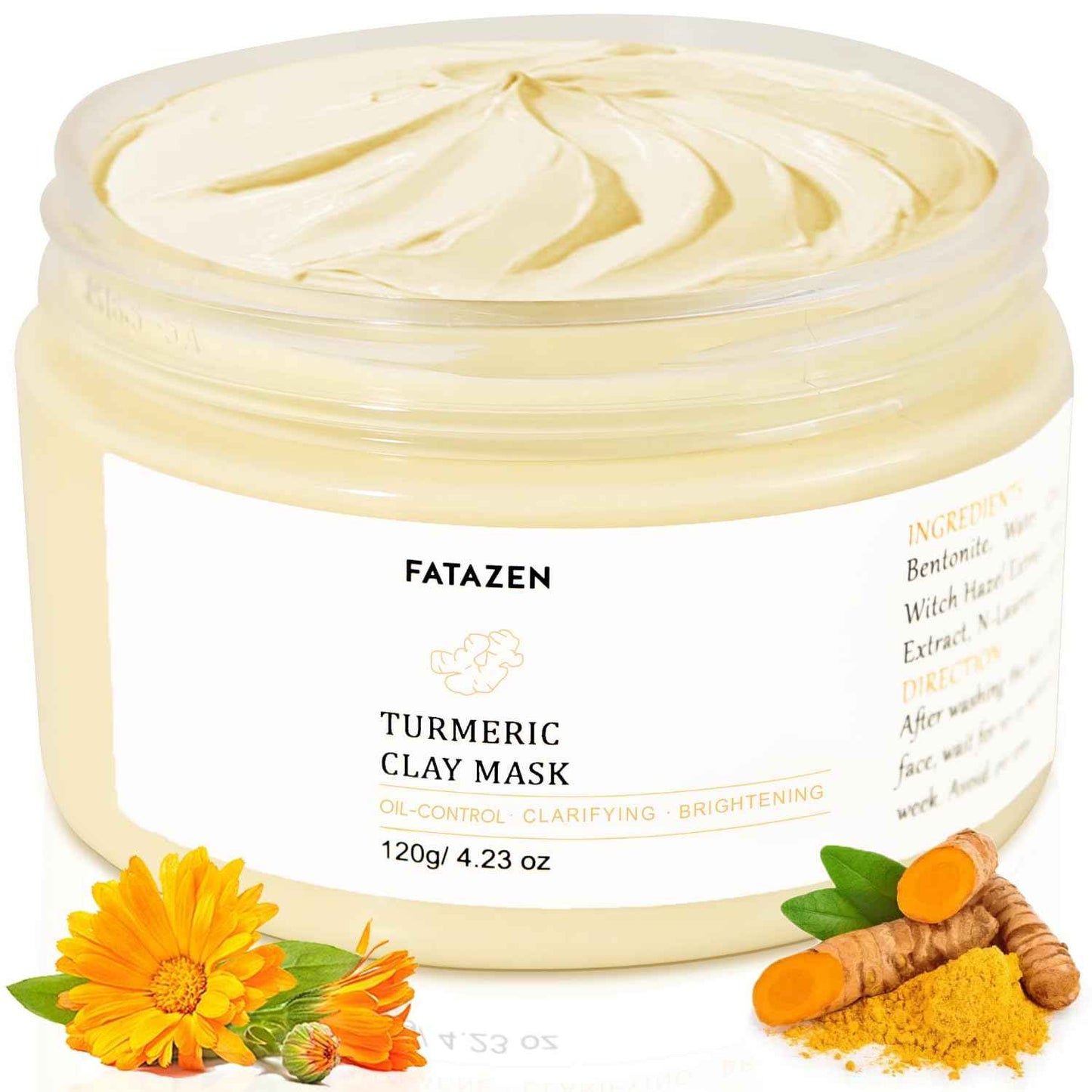 FATAZEN Turmeric Pore Clay Mask - Deep Cleansing Acnes Skincare Facial Mask, Oil Control & Instant Glow for Oily & Dull Skin, Blackhead Gentle Exfoliation with Aloe & Vitamin E, 120g/4.23oz