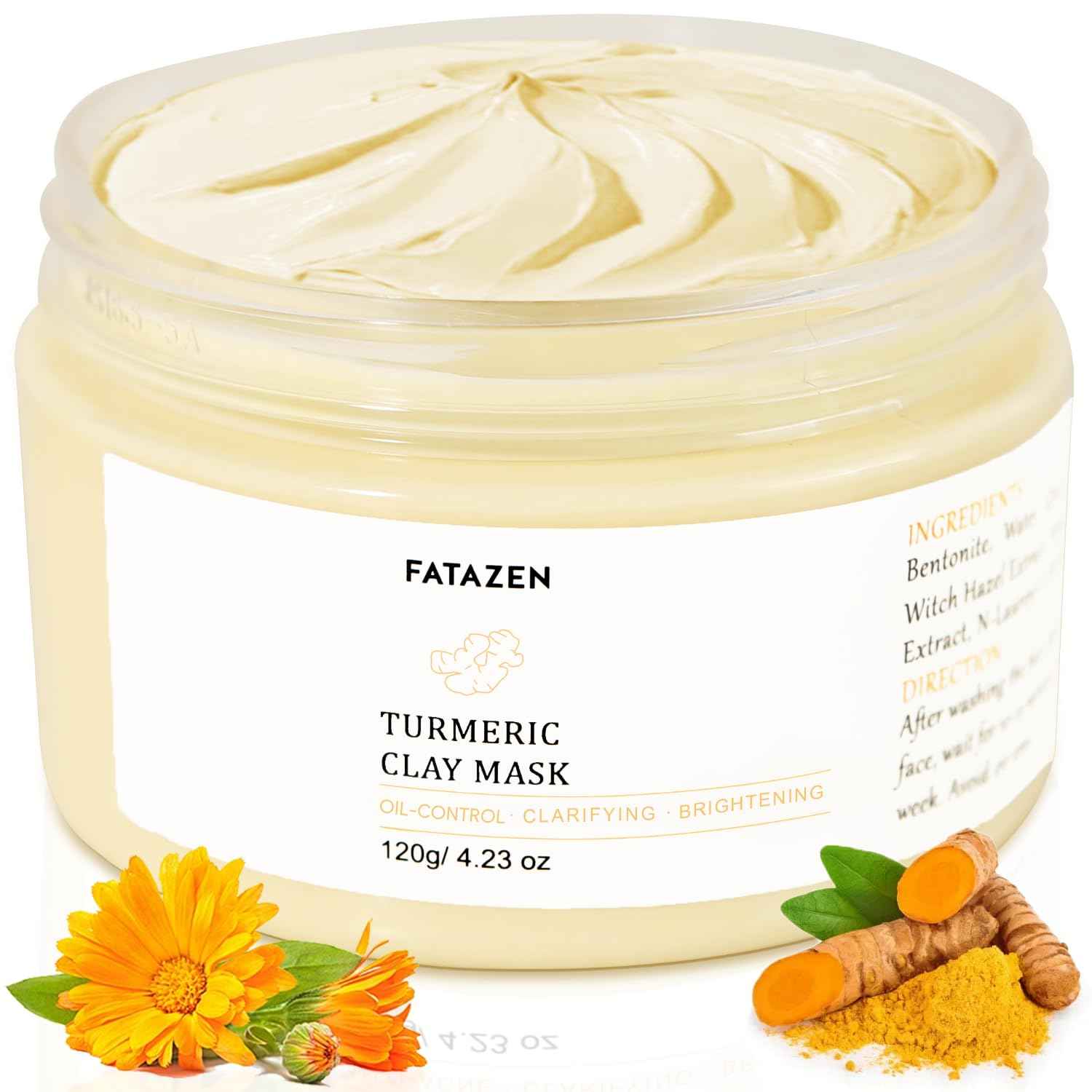 FATAZEN Turmeric Pore Clay Mask - Deep Cleansing Acnes Skincare Facial Mask, Oil Control & Instant Glow for Oily & Dull Skin, Blackhead Gentle Exfoliation with Aloe & Vitamin E, 120g/4.23oz
