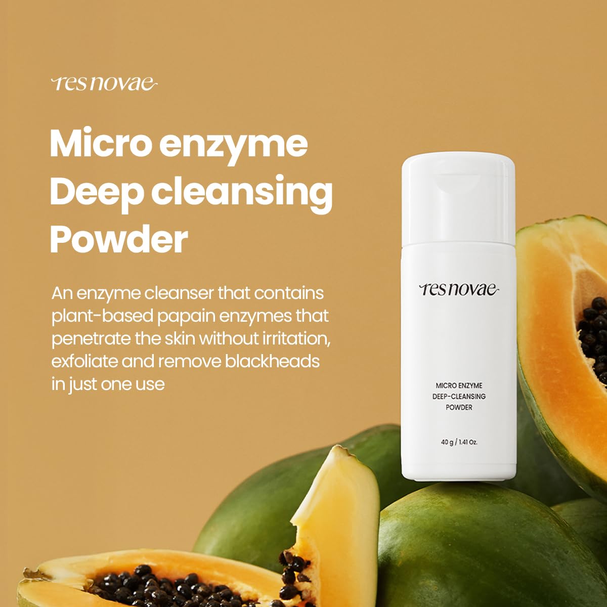 res novae Enzyme Cleansing Powder – 40g (1.41 oz) – Purifies Pores, Removes Blackheads & Whiteheads, With Papain Enzyme for Smooth & Clear Skin | Low pH, Non-Irritating, For Sensitive Skin