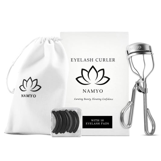 NAMYO Eyelash Curler – Precision Lash Curler for Almond, Hooded and Deep-Set Eyes with Ergonomic Handle and 10 Silicone Refill Pads – Compact Travel Size - Pearl Silver