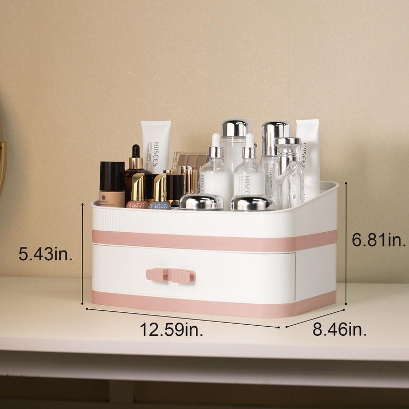 INVSSENE Large Makeup Organizer Countertop, Stackable Vanity Organizer with Drawer Cosmetic Organizer Tray, Make Up Organizers for Vanity, Makeup Storage Counter(Light Pink)