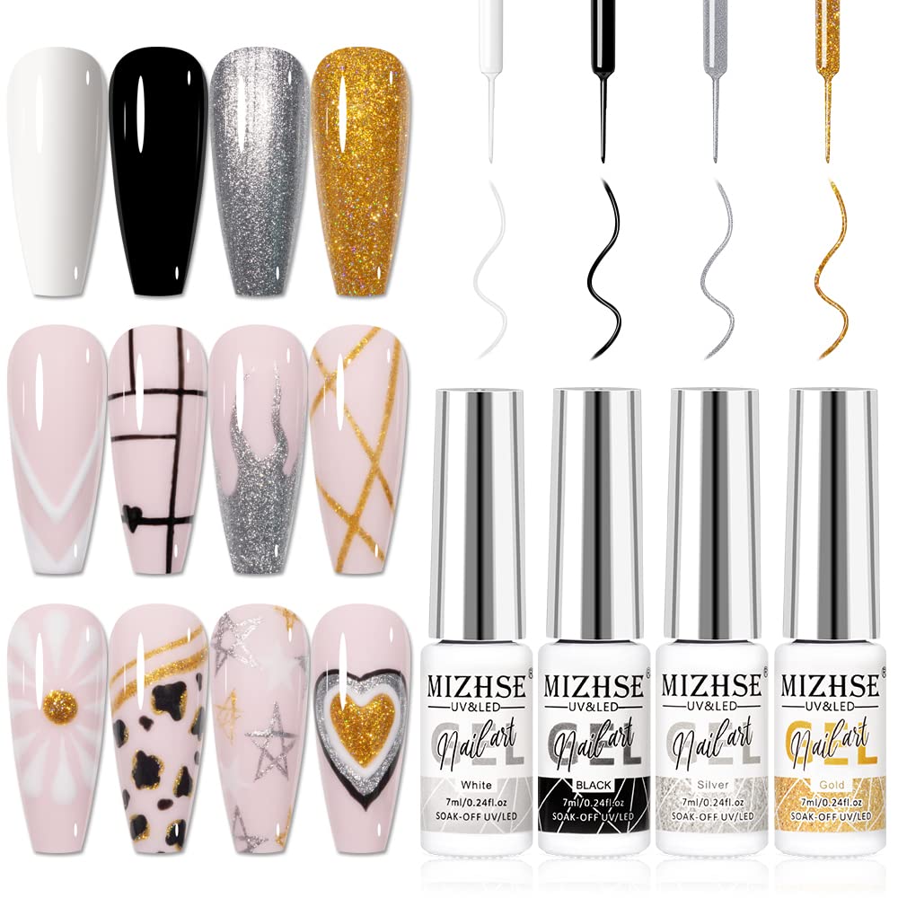 MIZHSE Gel Liner Nail Art Paint Set - 4 Pcs Glitter Silver & Gold for Stunning French Designs | Soak Off Manicure