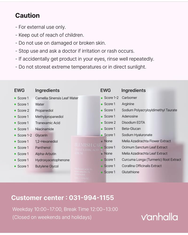 V'anhalla Blemish Care Tranexamic Acid 3 Serum 1.01 fl.oz. | Vegan, Dark Spot Corrector, Pore Care, Lightweight Daily Serum
