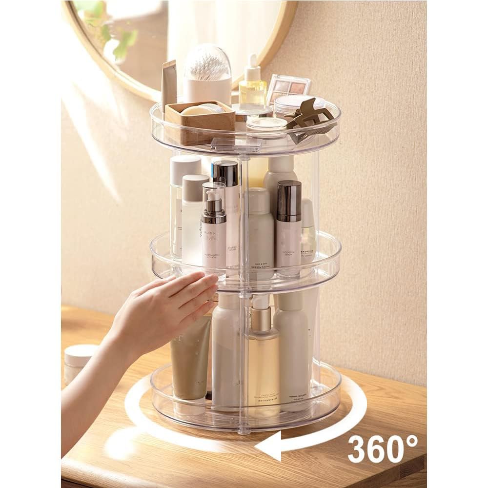 ROWNYEON 360° Rotating Makeup Organizer - 3 Tier Clear Spinning Skincare Storage with Stainless Steel Bearings, Large 10.6" Round Lazy Susan for Vanity Countertop, Perfume, Bathroom & Kitchen (Clear)