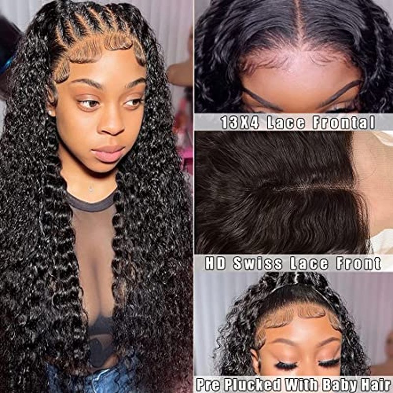 Water Wave Lace Front Wigs for Black Women HD 13x4 Glueless Lace Frontal Human Hair Pre Plucked with Baby Hair Wet and Wavy Wigs 150% Density Natural Color (24 Inch)
