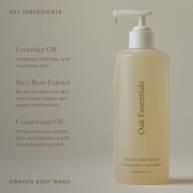Oak Essentials Awaken Body Wash, Luxury Hydrating Shower Gel with Lavender Oil, Cedarwood Oil and Rice Bran Extract, Gentle Cleanser for Women, Ideal for Dry Skin, 10.1 Fl Oz