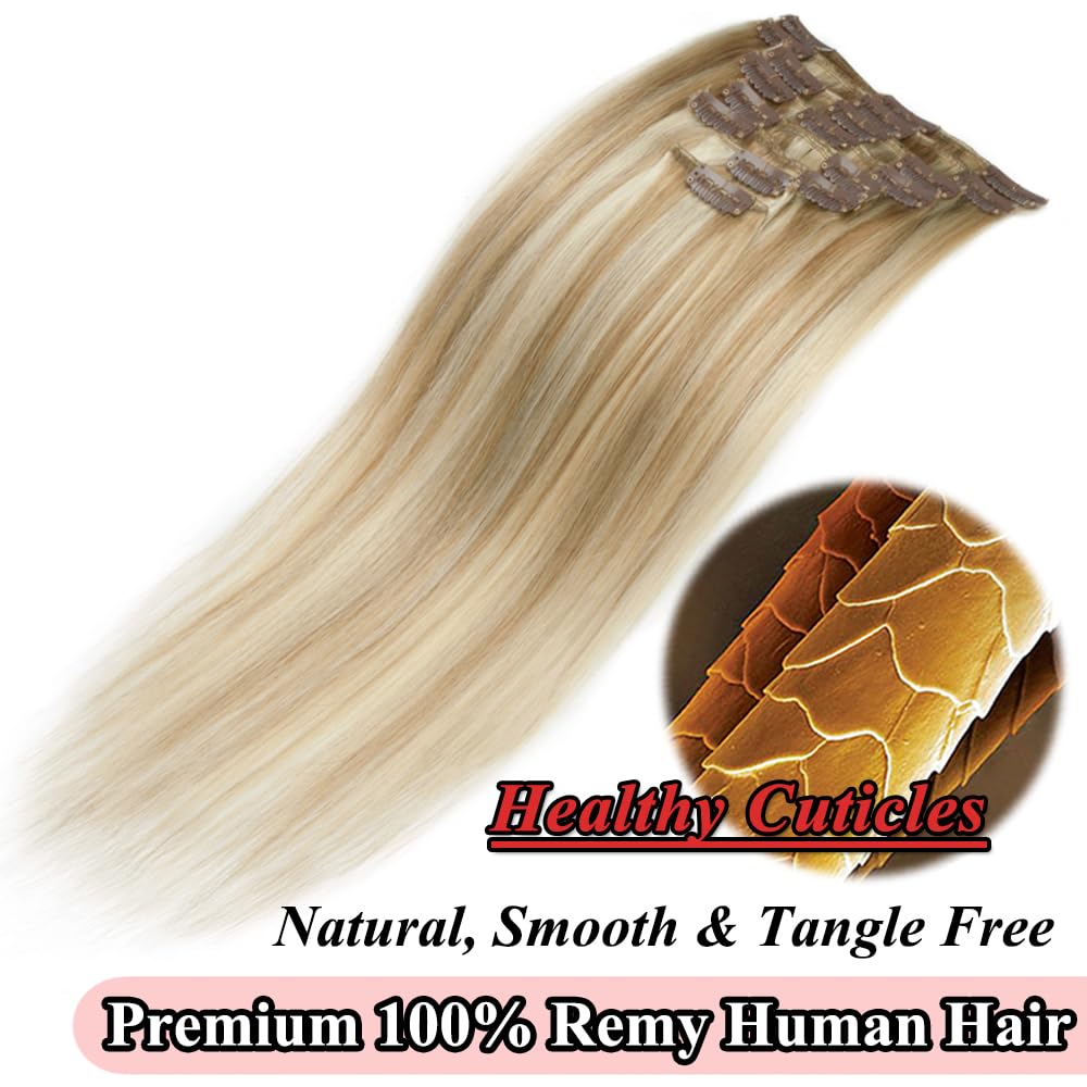 Real Human Hair Clip-In Extensions - Light Blonde & Golden Blonde 14 Inch 60g | 8pcs Remy Balayage Weft for Women