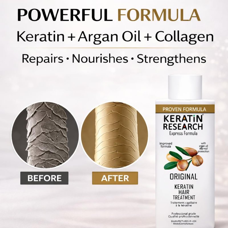 KERATIN RESEARCH Brazilian Keratin Hair Treatment Straightening Complex Blowout LONG Lasting Organic Natural Results with Argan Oil Keratina Brasilera