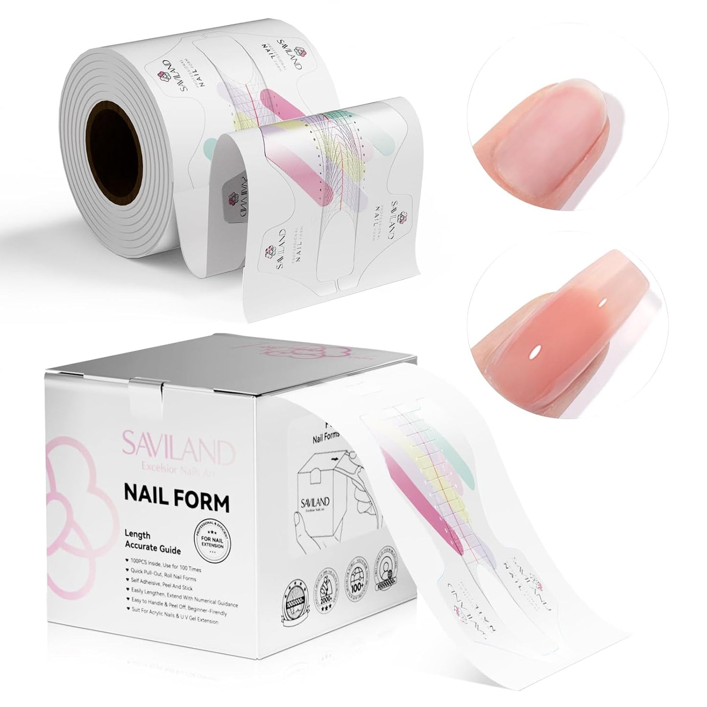 SAVILAND Plus Nail Forms - Reusable Sticky Nail Extension Forms for Builder Gel & Acrylic | Precise Length Guide