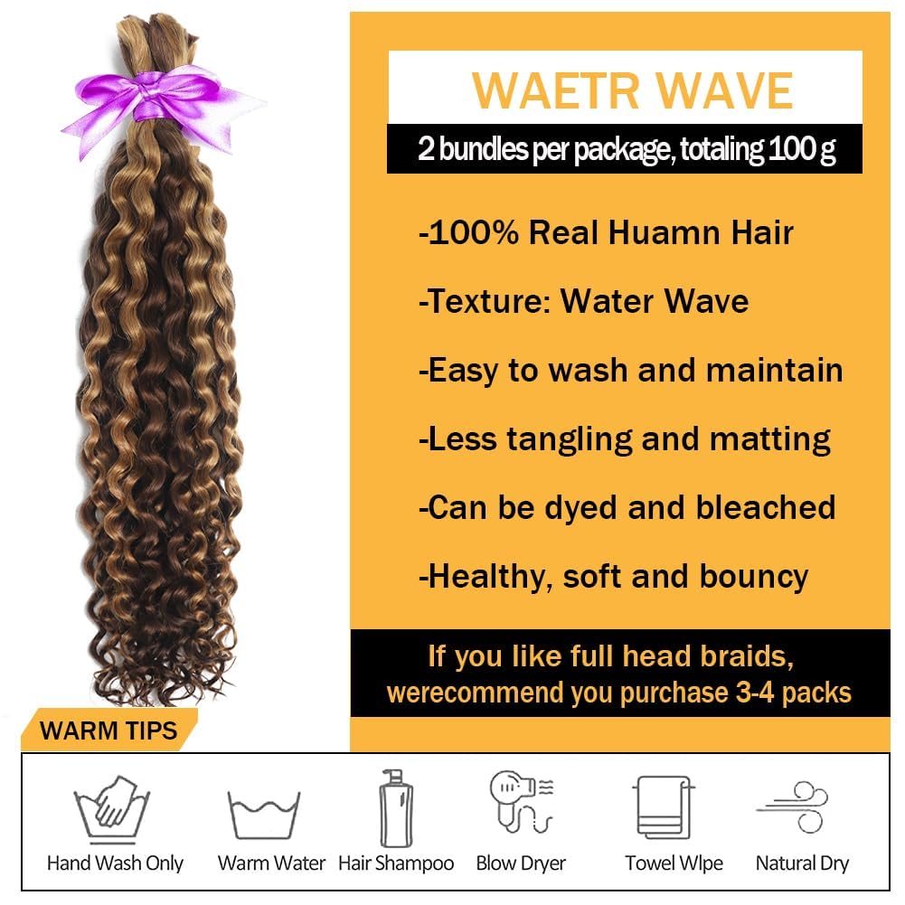 Human Braiding Hair for Boho Knotless Braids Bulk Curly Bundles Human Hair for Micro Braiding Wet and Wavy Water Wave No Weft Human Hair Extension for Box Boho Braids with 4/27# 18inch