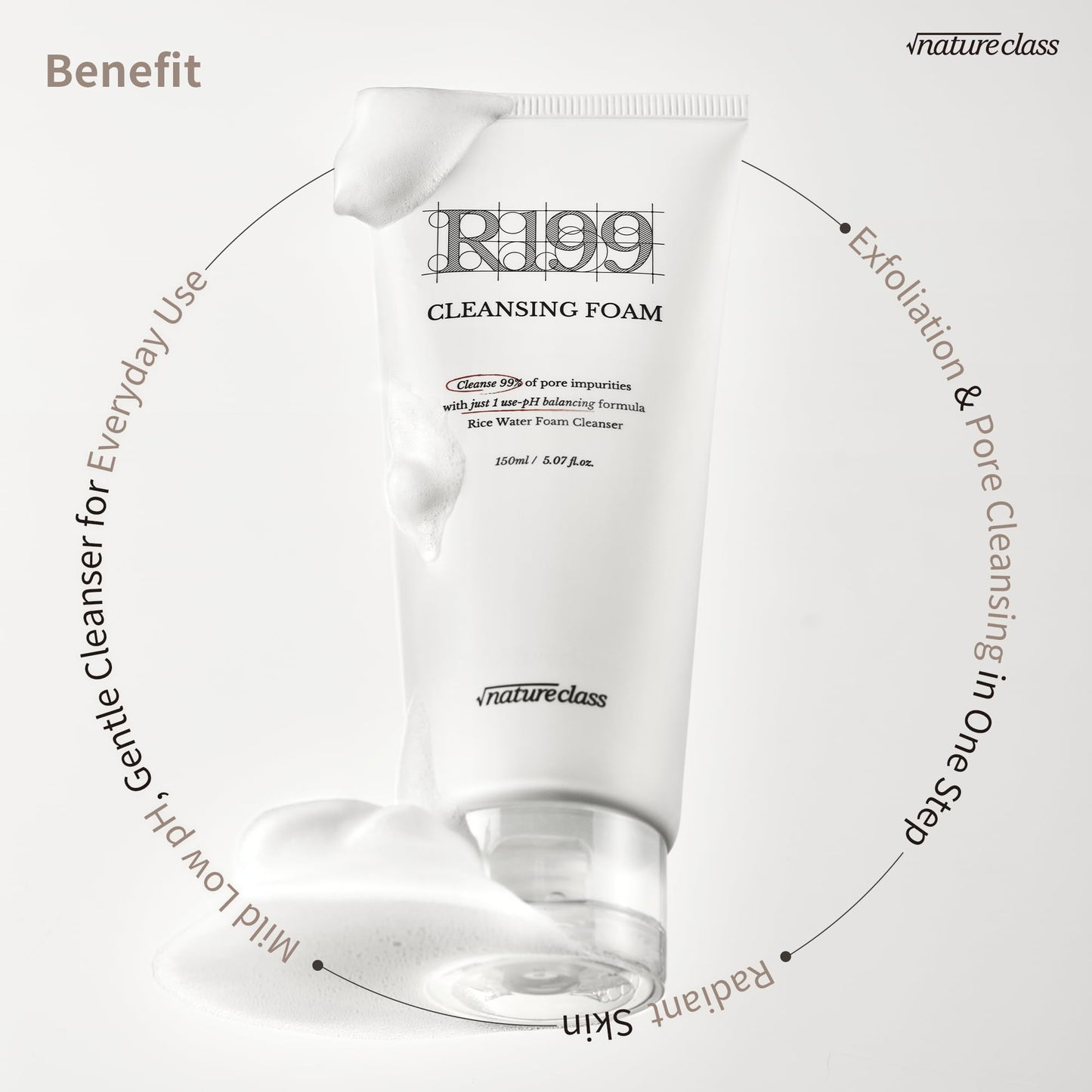 NATURECLASS R199 Rice Enzyme Cleansing Foam – Deep Cleanser for Sensitive Skin, Blackhead & Pore Care, Double Cleansing, Aloe & Hyaluronic Acid, Korean Skin Care, Fragrance Free, 5.07 fl oz