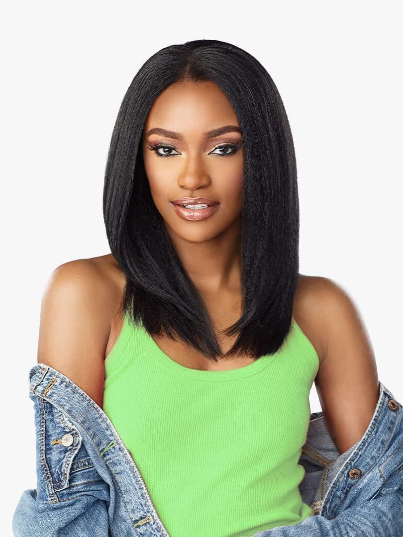Emistar Black V Part Wig Kinky Straight Wig Upgrade U Part Synthetic Wigs for Black Women Full Head Clip In Hair Glueless Blend Human Hair Replacement Synthetic Wigs Natural Scalp (Black2.0, 14 Inch)