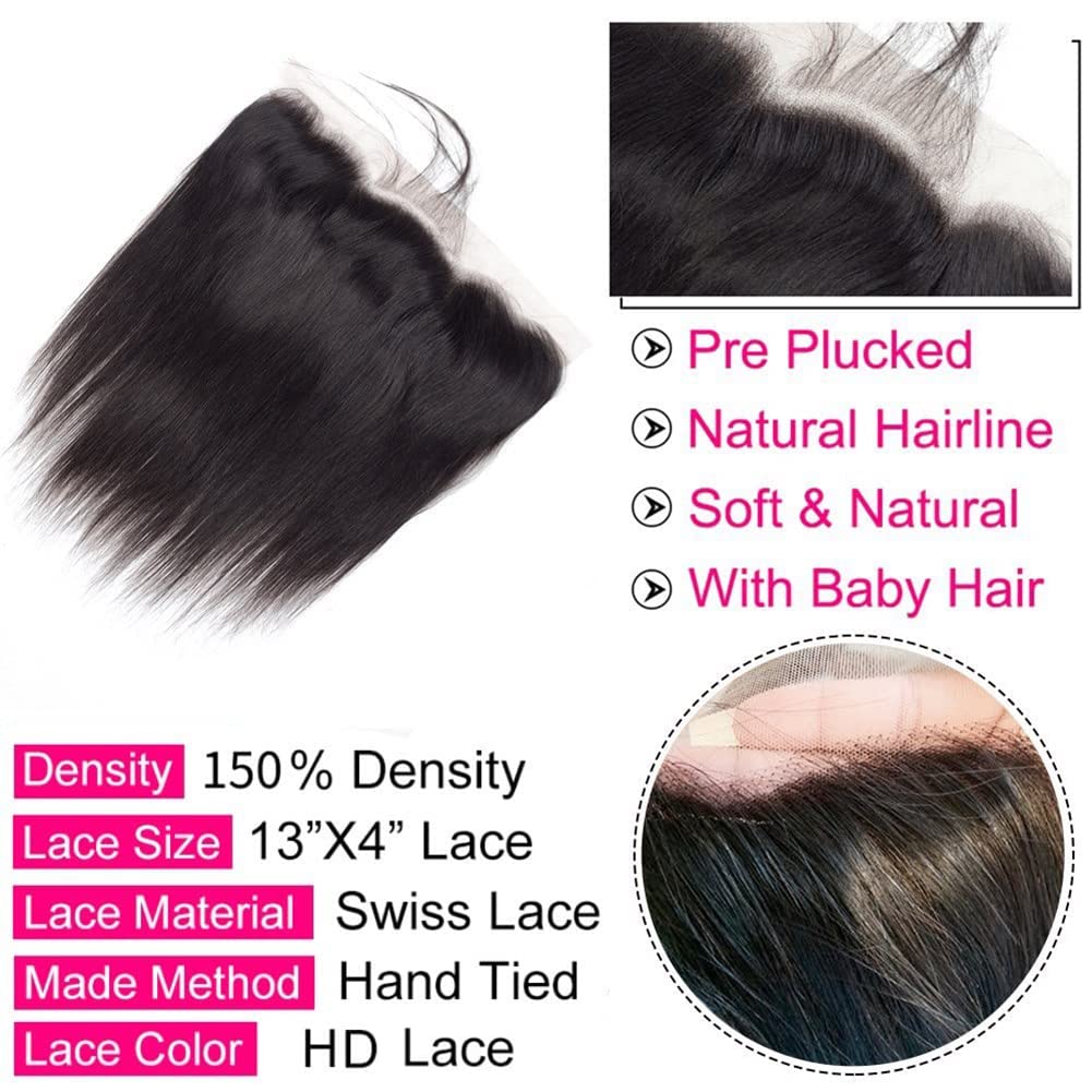 serwell Straight Lace Frontal Closure 13x4 Ear to Ear HD Lace Front Free Part Brazilian Virgin Human Hair Transparent Lace Pre Plucked with Baby Hair 150% Density (12 Inch)