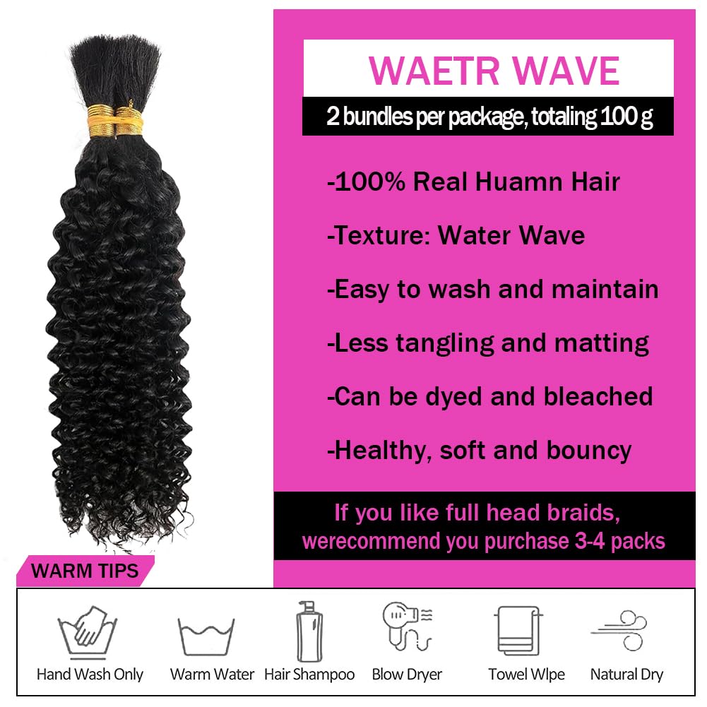 Curly Human Braiding Hair for Boho Braids Bohemian 20 inch Water Wave Bulk 100% Human Hair for Micro Braiding Hair Wet and Wavy Boho Knotless Braids Hair No Weft 2 Bundles Natural Color