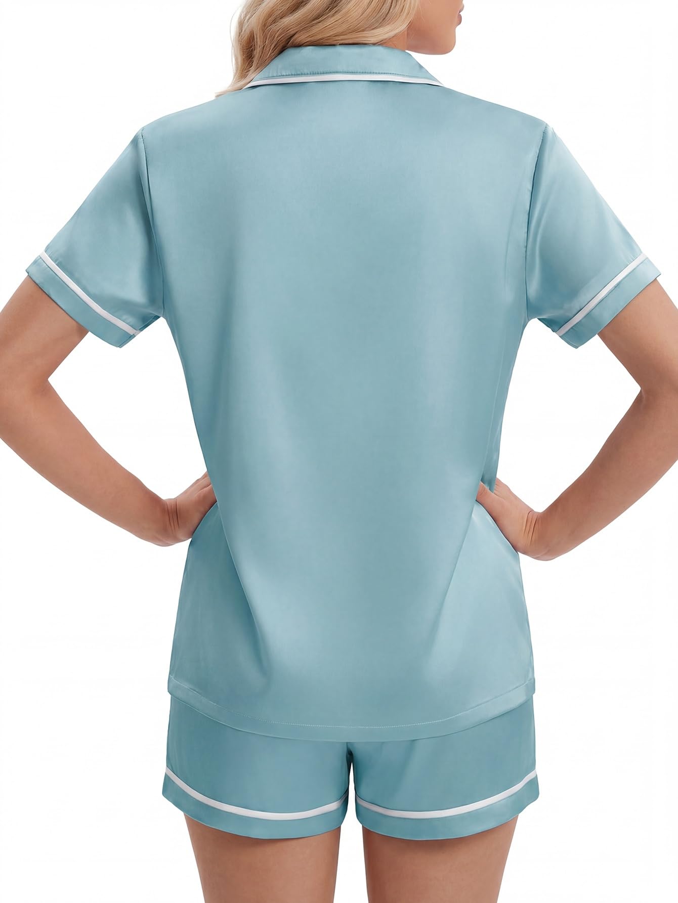 LYANER Women's Satin Pajamas for Women Silk 2 Piece Pj Sets Short Sleeve Button Down Loungewear Neon Blue X-Small